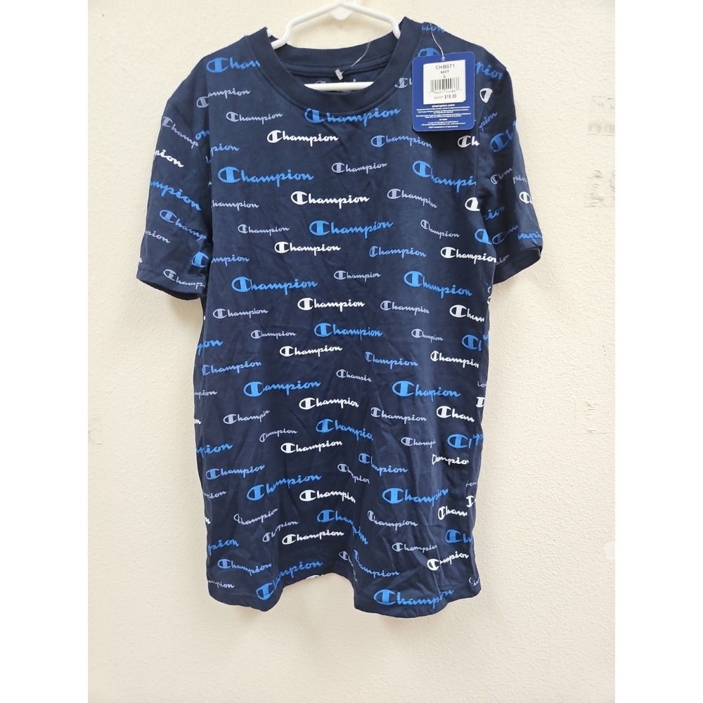 Champion All Over Print Kids Childrens T-Shirt Size Large Short Sleeve Blue NWT